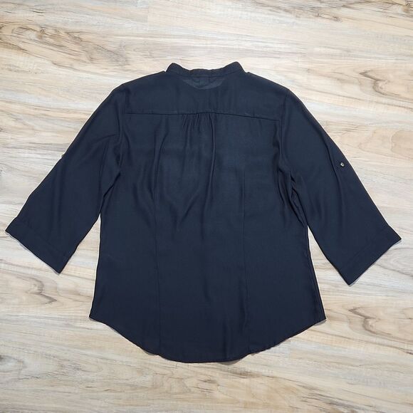 🔹️H&M Black Mandarin Neck Button-up Blouse w/Pockets Size 10 - Picture 2 of 11